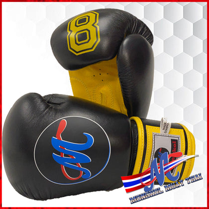 boxing gloves 8 leather boxing velcro quality boxing best sale muay thai  yellow black 10oz 16oz  muay thai made in thailand 