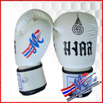 New Mongkol boxing gloves 16 Oz White  The Thai word Sakyan, meaning luck & protection, and Thai flag on the thumb