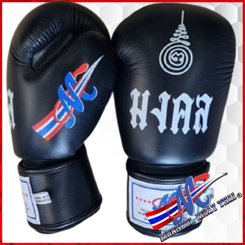 New Mongkol boxing gloves 16 Oz Black  The Thai word Sakyan, meaning luck & protection, and Thai flag on the thumb
