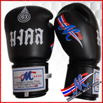 New Mongkol boxing gloves 16 Oz Black The Thai word Sakyan, meaning luck & protection, and Thai flag on the thumb