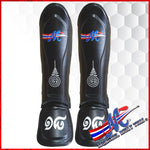 black shinguards with the Thai flag logo number 18 and Sakyan meaning luck & protect The white with Mongkol original Logo M