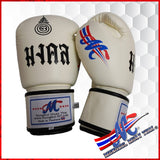 New Mongkol boxing gloves 16 Oz White The Thai word Sakyan, meaning luck & protection, and Thai flag on the thumb