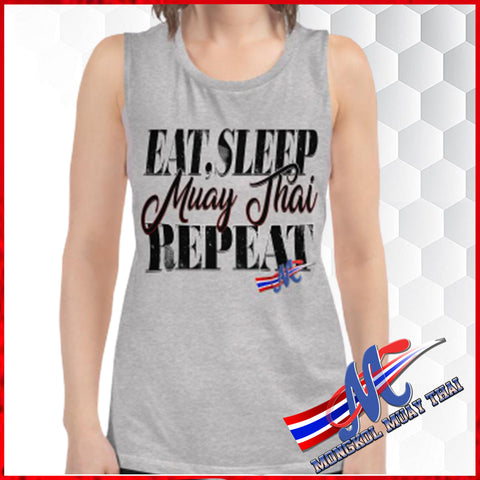 T-SHirt, eat sleep Muay Thai Repeat, gray, muscle tank for women