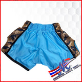 Mongkol-Lumpinee shorts light Blue with camo trim